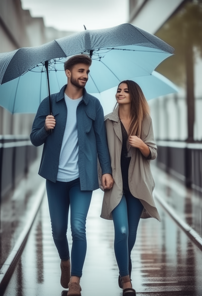 A beautiful man and his girlfriend are walking on a pedestrian walkway, carrying umbrellas, as the weather is raining 