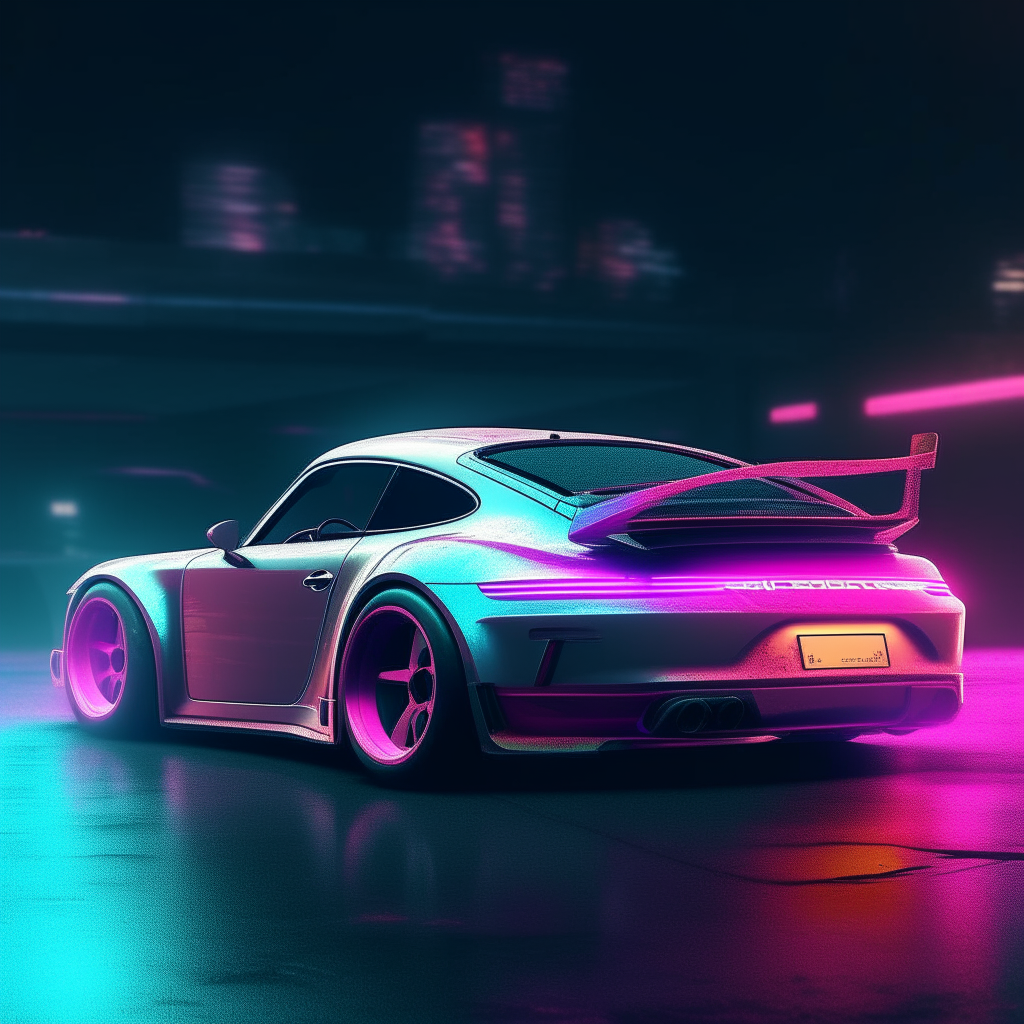 A futuristic Porsche 911 sports car with spoiler drives along a neon-lit road at night with synthwave music playing