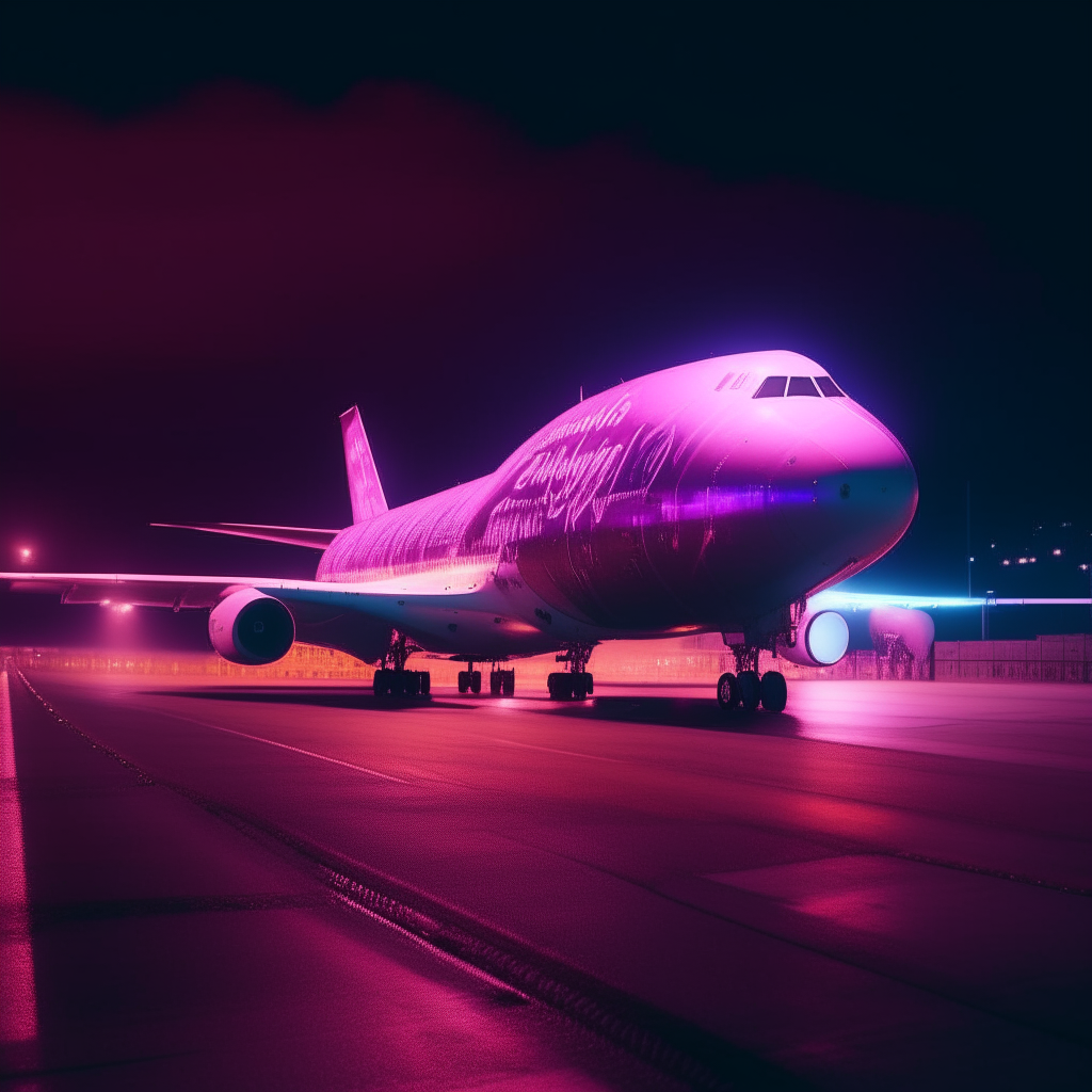 Boeing 747 synthwave plane on a neon-lit runway at night