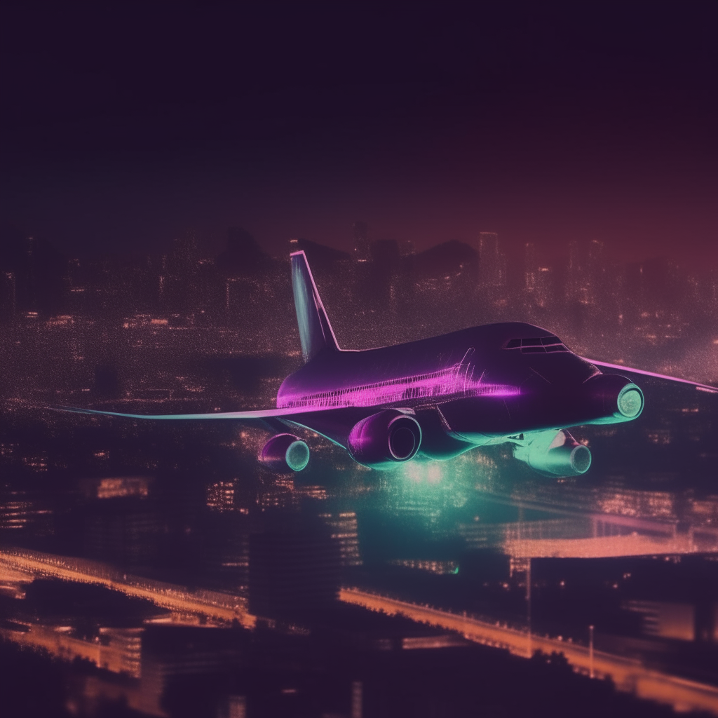 Boeing 747 synthwave plane flying over a city at night