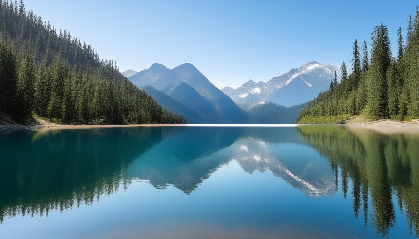 A scenic landscape of snow-capped mountains in the distance, with a large crystal clear lake in the foreground reflecting the blue sky. Gentle rolling hills covered in pine trees surround the lake.