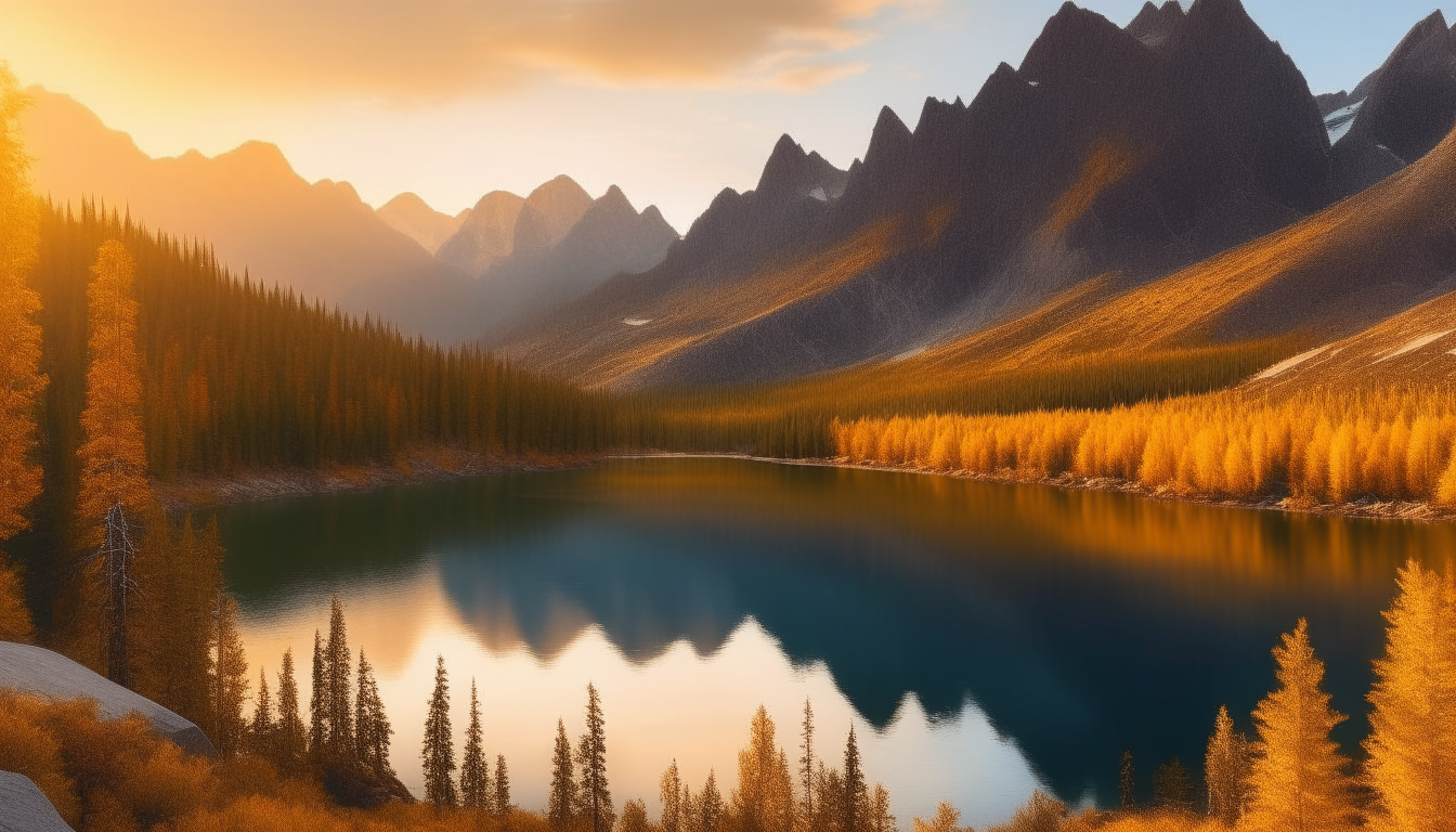 A panoramic vista of rugged mountain peaks beneath colorful autumn trees and a calm alpine lake at dusk, bathed in golden light.