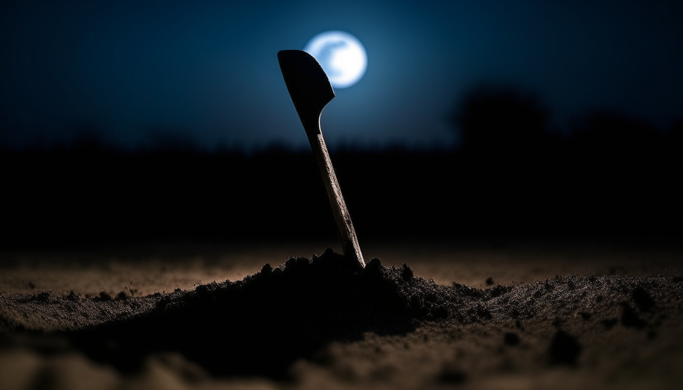 A close-up long exposure photo of dirt and the silhouette of a shovel against a moonlit sky