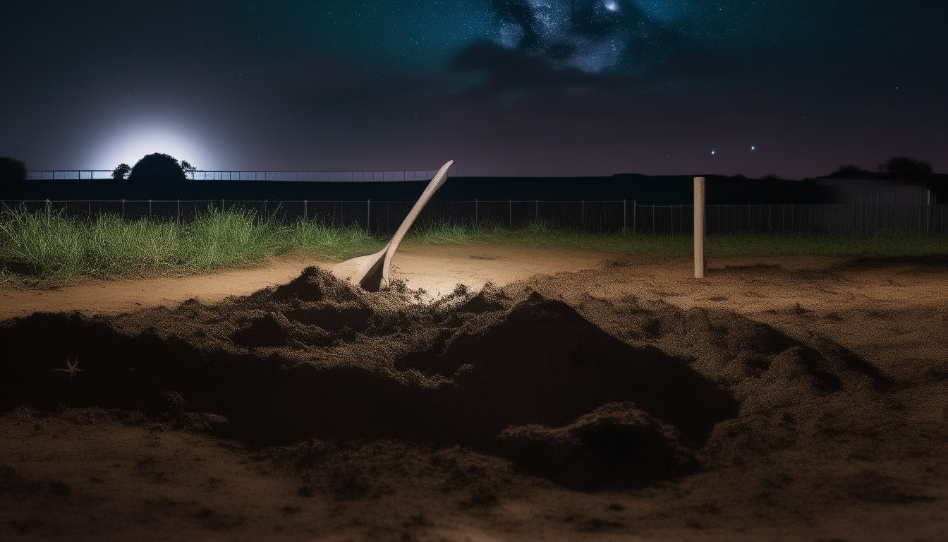 A wide landscape photo showing a pile of dirt and a shovel leaning against a fence under a starry night sky