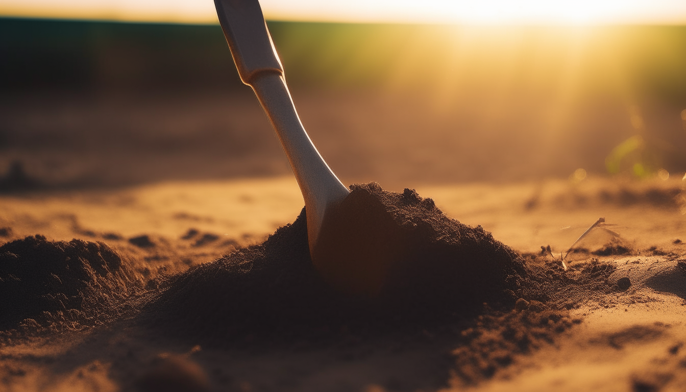 A close-up photo of a shovel leaning against a pile of freshly dug dirt, taken at golden hour with the rising sun illuminating the scene