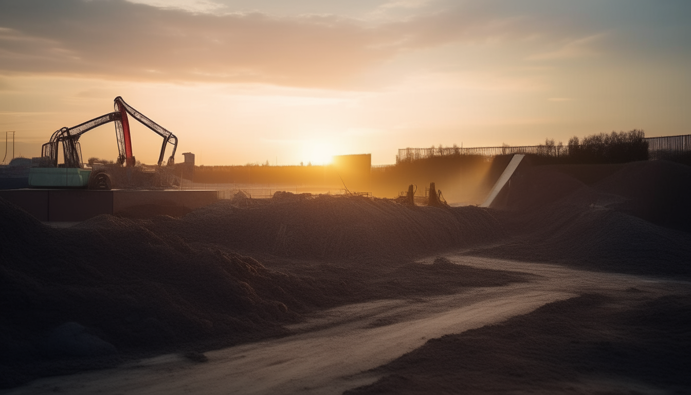 A wide landscape view of a construction site at dawn, with piles of dirt and a worker's shovel left in the foreground as the morning light washes over the area