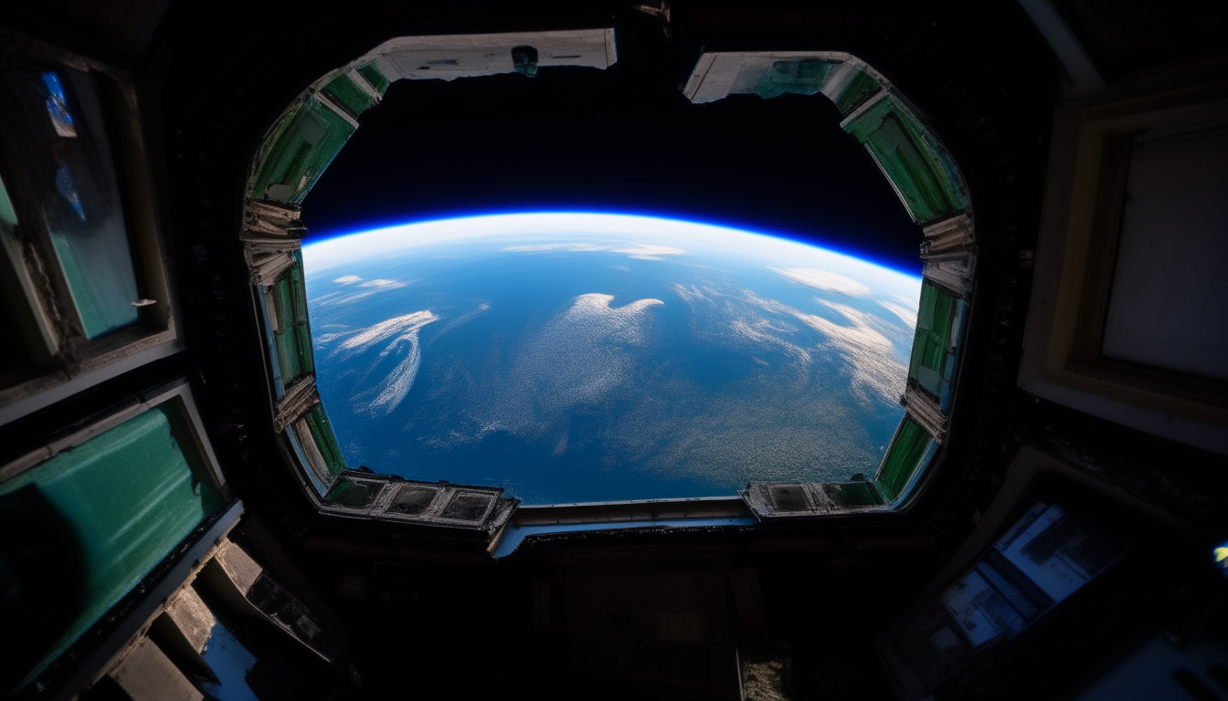 A view from the cockpit window of the International Space Station, partially obscured by condensation, with the blue-green globe of Earth filling most of the frame