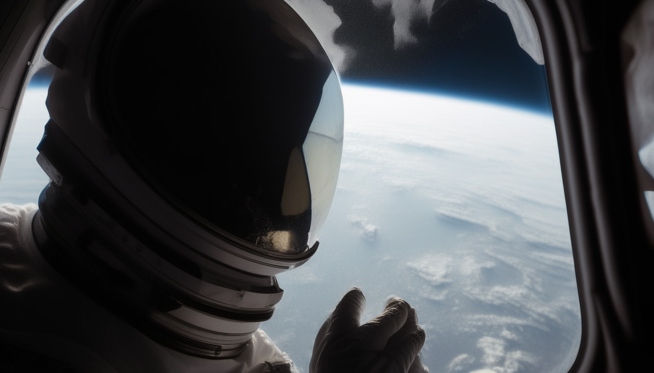 An astronaut's reflection in the glass of a space shuttle window, their breath fogging the pane, as the curved horizon of Earth fills the background