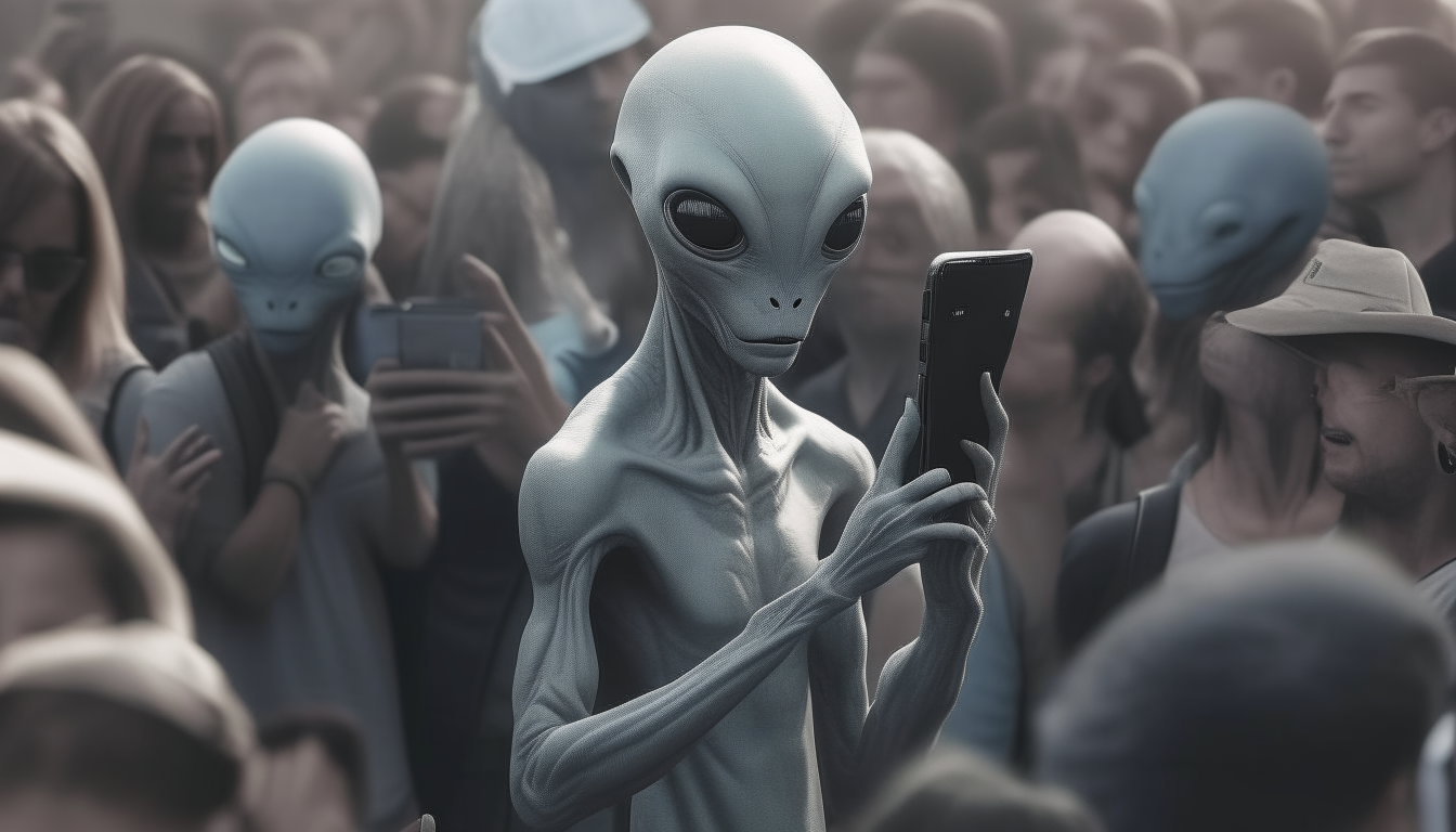 A gray alien standing in a crowd of people taking photos with their phones, depicted in a realistic style