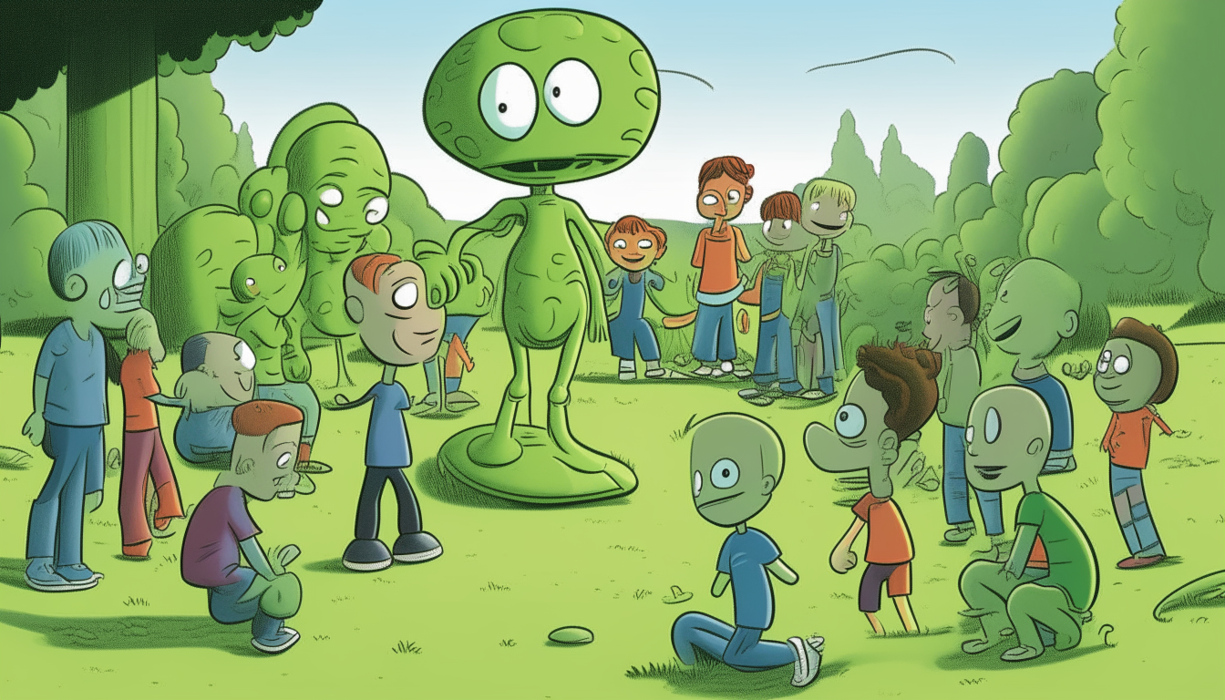 A group of children and adults gathering around a small green alien who has landed in a park, depicted in a friendly cartoon style