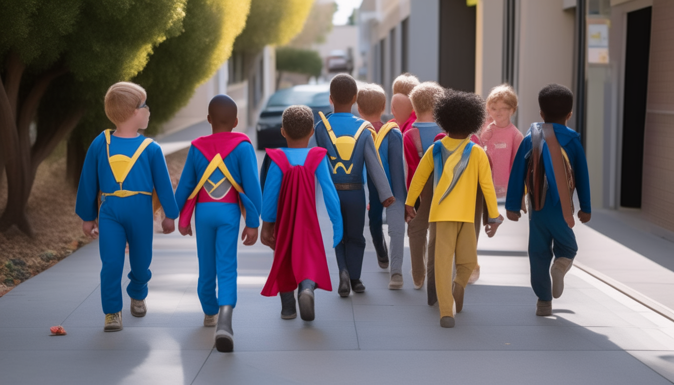 A group of elementary school children walking together down a sidewalk, following a teenage boy wearing a superhero costume