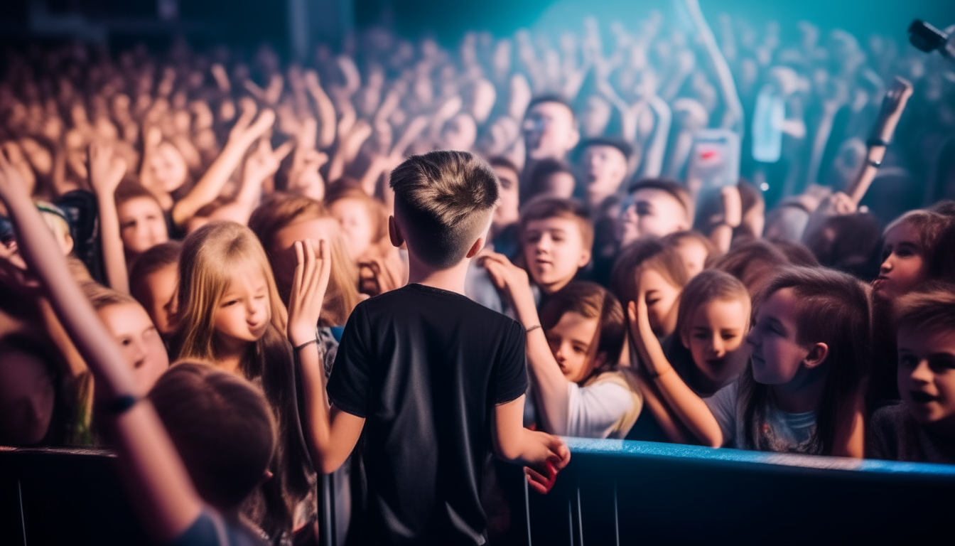 A crowd of young fans gathered around a popular singer performing on a stage, their eyes focused adoringly on the idol