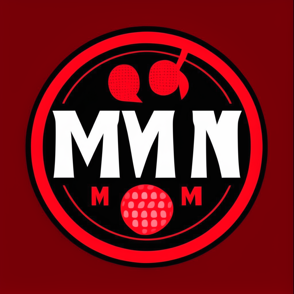 a red and black tennis logo with 'maximum' in a bold font