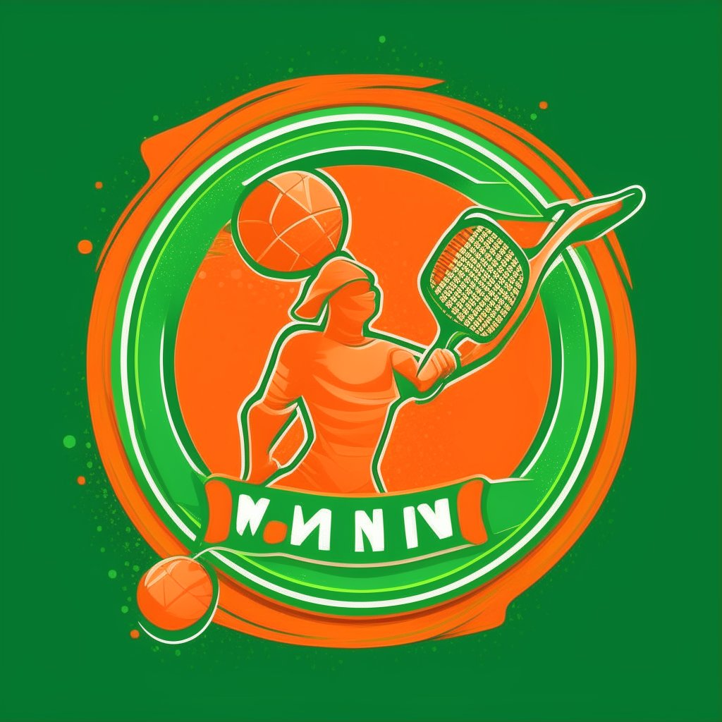 a green and orange tennis logo with 'maximum' in a digital style