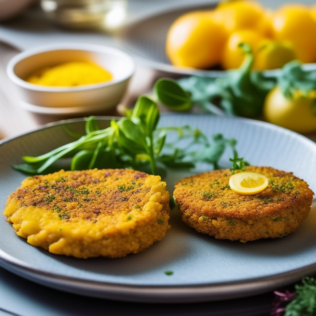 A plate showcasing golden-brown quinoa patties, crisp on the outside while tender within. Brightly colored herbs speckle their surface. Beside them is a refreshing dip, and some lemon wedges. The sunlit scene conveys freshness and wholesome taste.