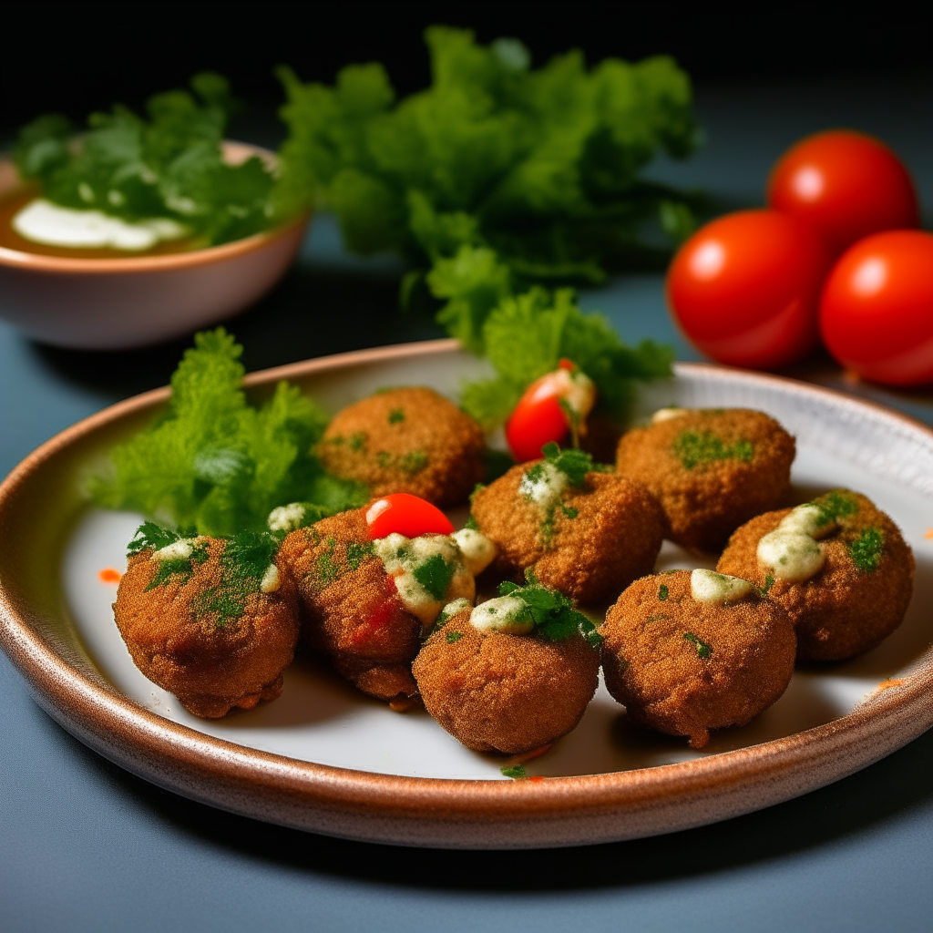 A vibrant plate holding perfectly round and crispy falafel bites, golden-brown in color. Bright green herbs peek through their crunchy exterior. Accompanying them is a small bowl of tahini sauce and freshly sliced cucumber and tomatoes.