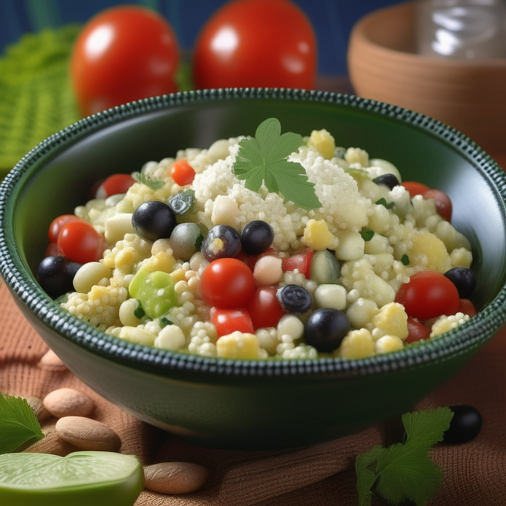 A vibrant bowl filled with fluffy couscous pearls, diced tomatoes, cucumbers, olives, and crumbled feta cheese. The dish is garnished with fresh parsley and drizzled with a light olive oil dressing, set against a Mediterranean-themed backdrop.