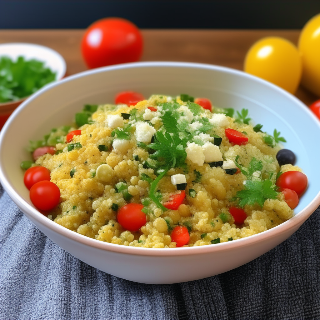 A bowl brimming with golden crispy couscous pearls mixed with diced tomatoes, cucumbers, olives, and crumbled air fryed feta cheese. The dish is garnished with fresh parsley and drizzled with olive oil, with an air fryer subtly visible in the background.