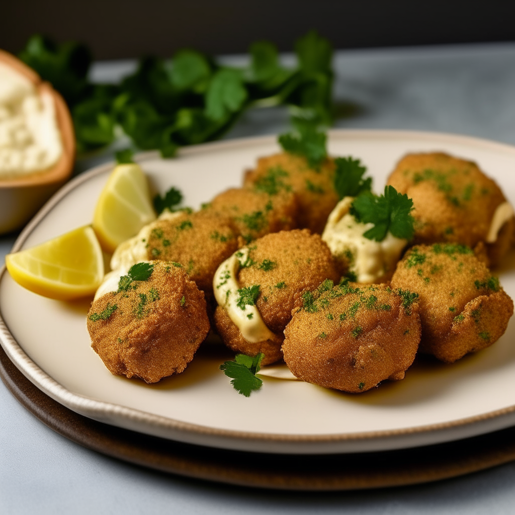 A plate is adorned with golden-brown falafel bites, glistening from the air fryer's touch. They sit atop a swipe of creamy tahini sauce, garnished with chopped parsley. A side of lemon wedges is ready to be squeezed over the top, enhancing the deep flavors within.