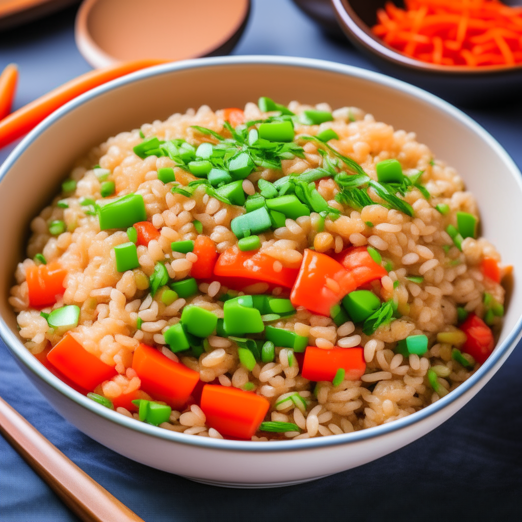 A bowl overflows with spiced brown rice that has taken on a slightly crispy texture from the air fryer. Colorful bits of bell peppers, carrots, and green beans are interspersed throughout. The dish is garnished with freshly chopped green onions and a sprinkle of sesame seeds.