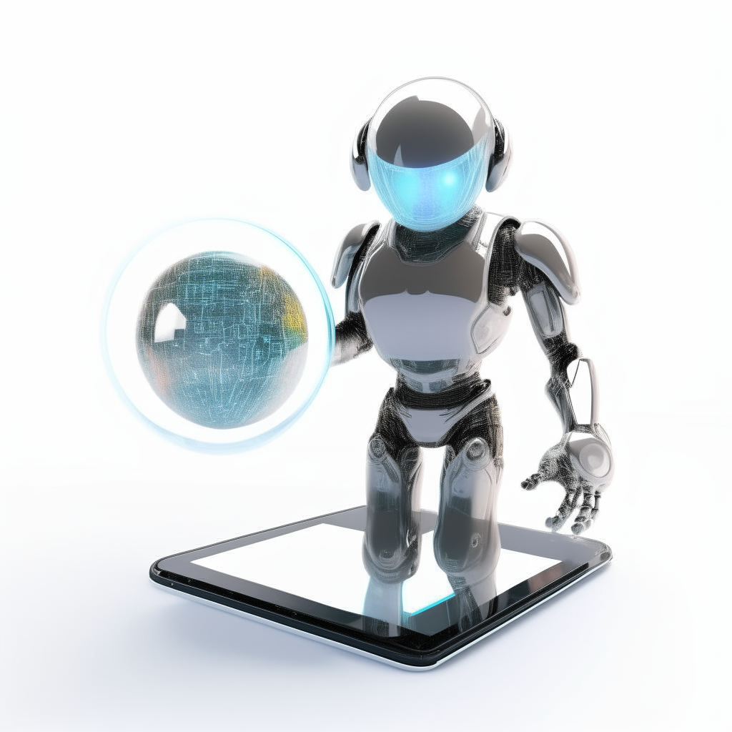 A robot AI holding a transparent futuristic tablet with a holographic display showing planets from outside our solar system. The robot and tablet are photographed from the front at eye level with a DSLR camera against a white background.
