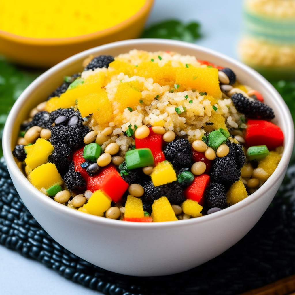 A vibrant bowl packed with fluffy quinoa that has golden crispy edges from the air fryer. The quinoa is beautifully contrasted with chunks of black beans, yellow corn, diced red bell peppers, and sprinkled with chopped fresh cilantro. It's drizzled with a zesty lime dressing, making every bite refreshing and tangy.