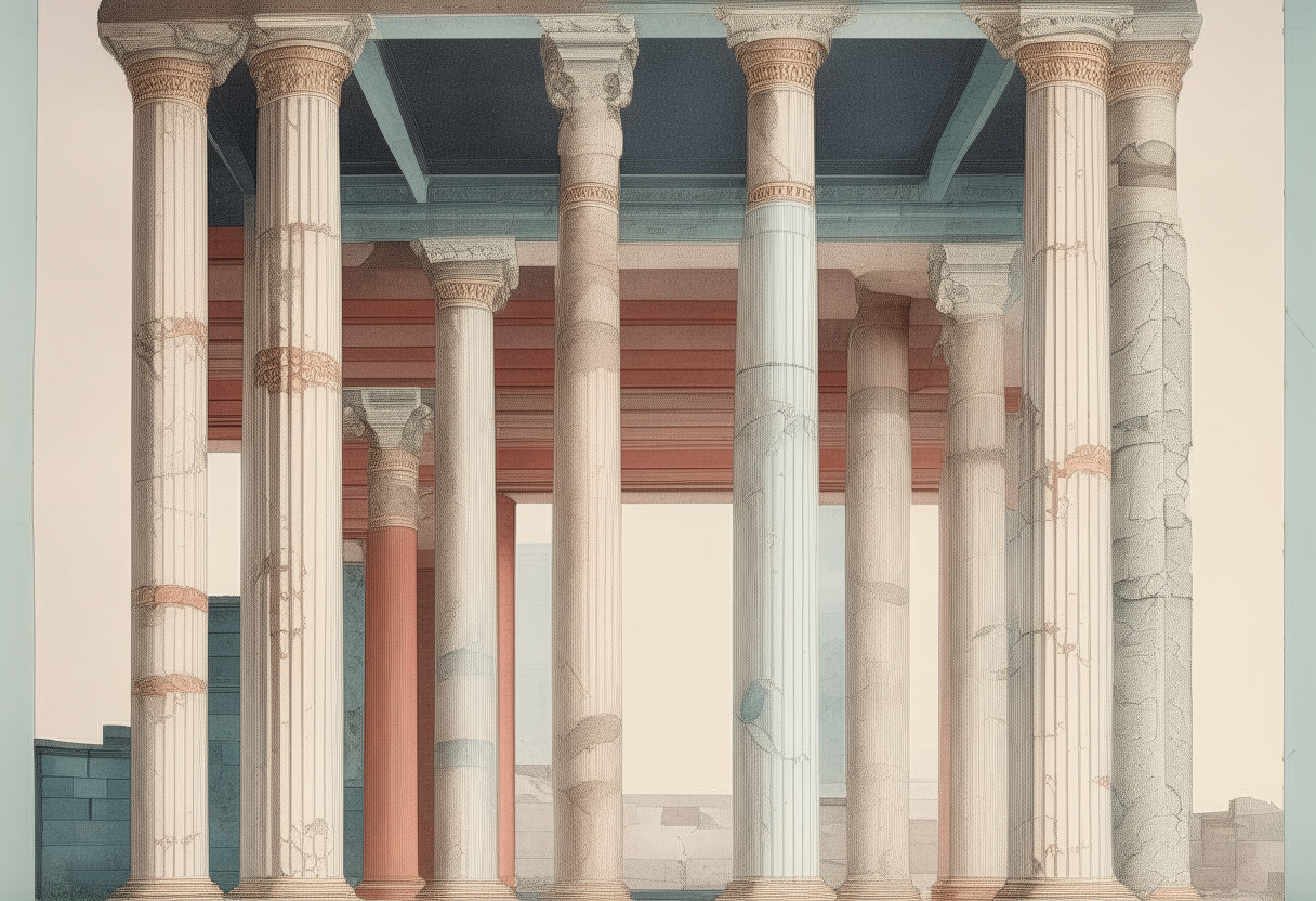 An ancient Roman portico and columnade, in the style of a fresco found in Pompeii, with detailed architectural elements