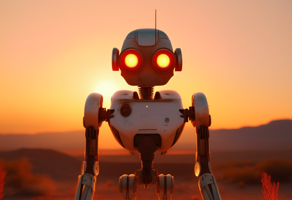 A robot standing in a desert landscape, looking directly at the camera with glowing red eyes against an orange and brown backdrop at sunset