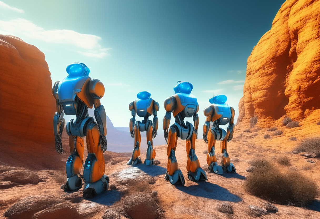 Three humanoid robots exploring an alien landscape on a distant planet with a blue sky and rocky orange terrain