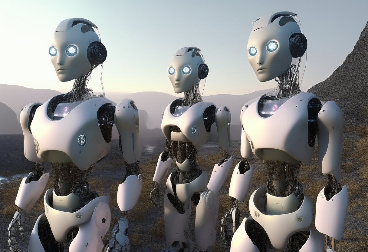 Three humanoid robots exploring an alien landscape. The robots have pale skin and realistic facial features, with glowing eyes as they look directly at the camera