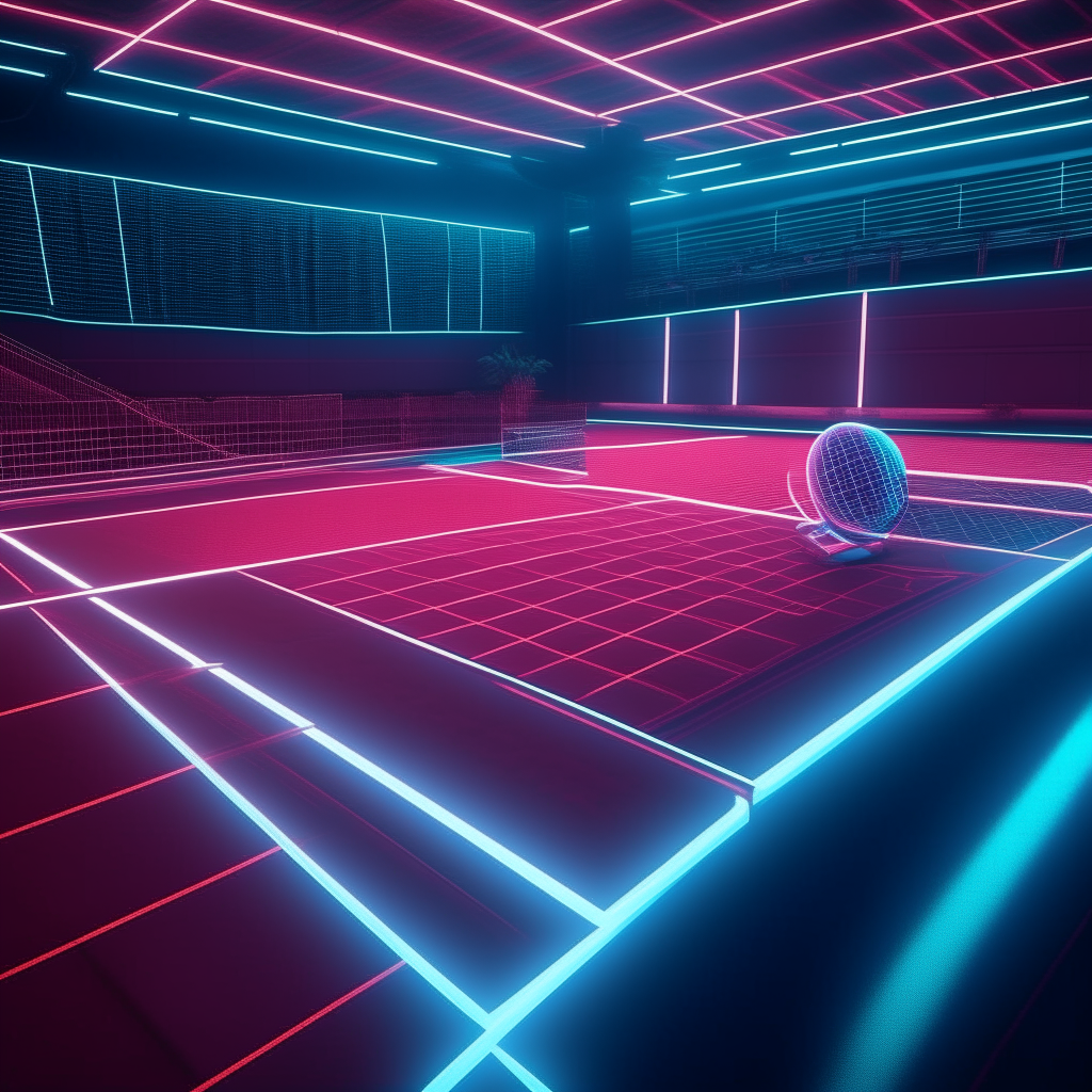 a futuristic tennis court with advanced technology and neon lights