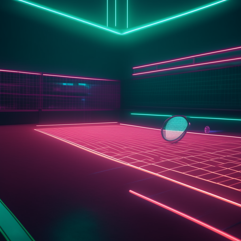 a futuristic tennis court with neon lights on a dark background