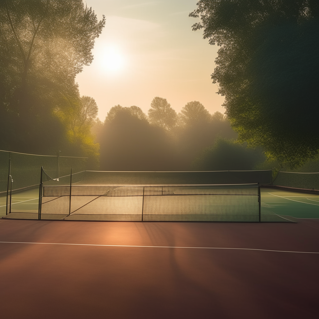 a serene tennis court surrounded by trees and nature during sunrise, emphasizing the meditative aspects of tennis