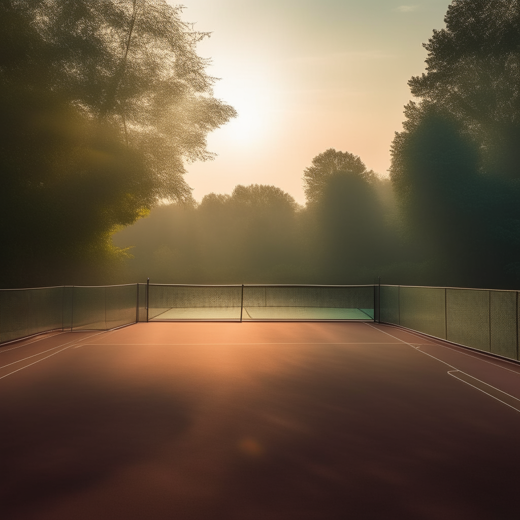 a serene tennis court surrounded by trees and nature during sunrise, emphasizing the meditative aspects of tennis