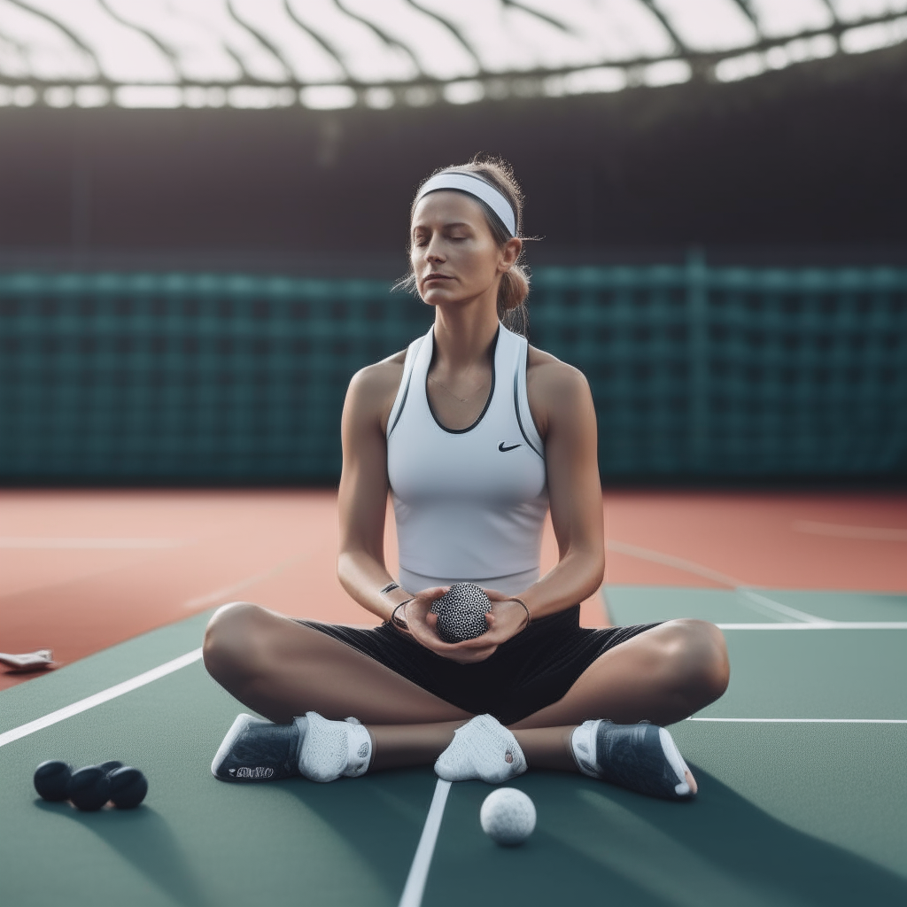 a tennis player sitting in a lotus pose on a tennis court, meditating before a match