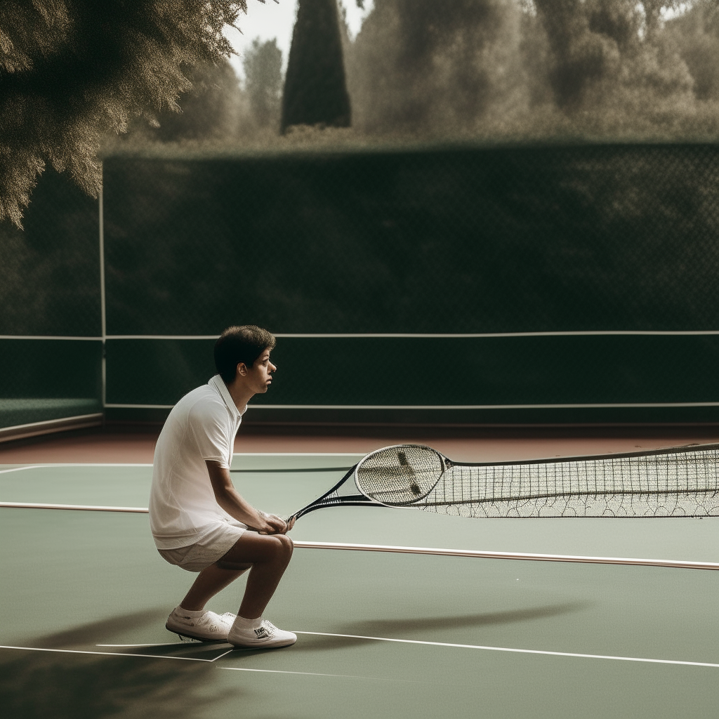 a tennis player alone on a court surrounded by trees, pondering their next strategic move