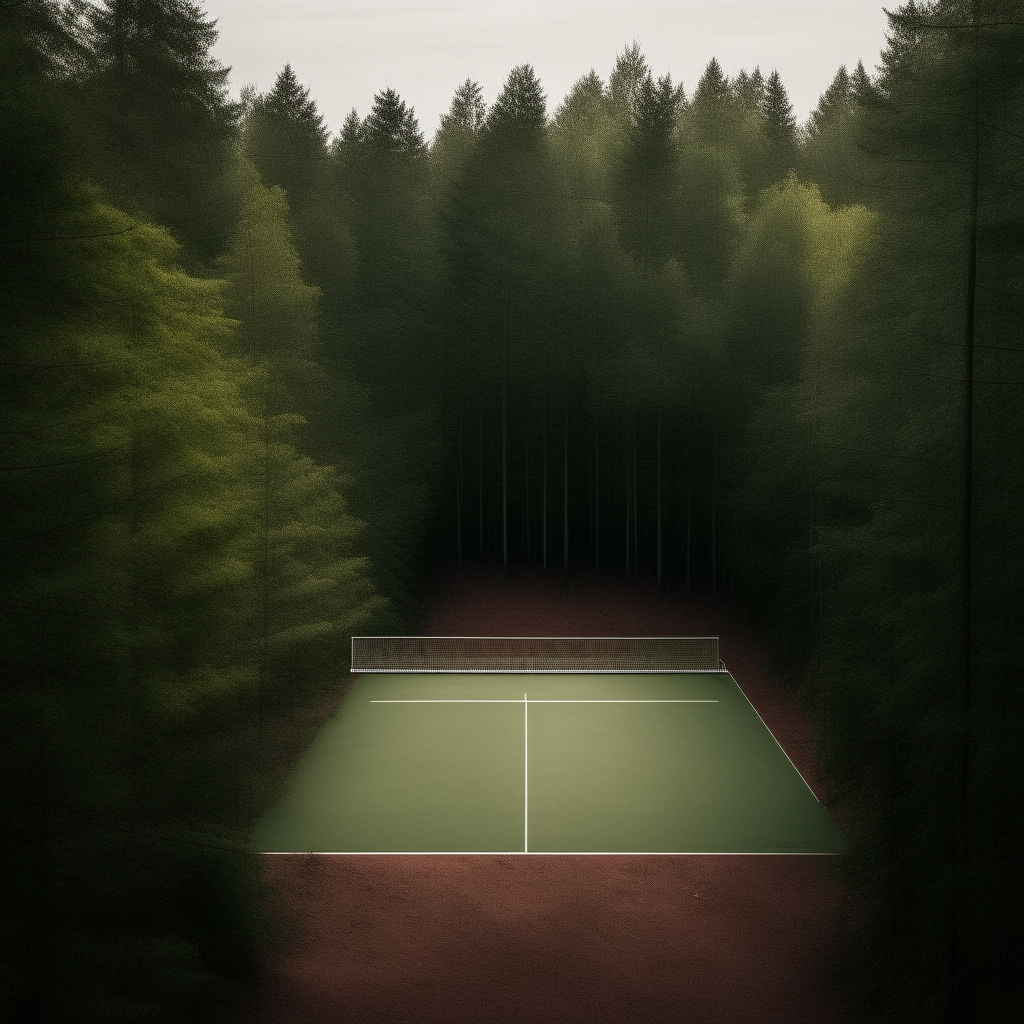 a tennis court nestled in a forest clearing, representing the calm focus needed to excel at the sport