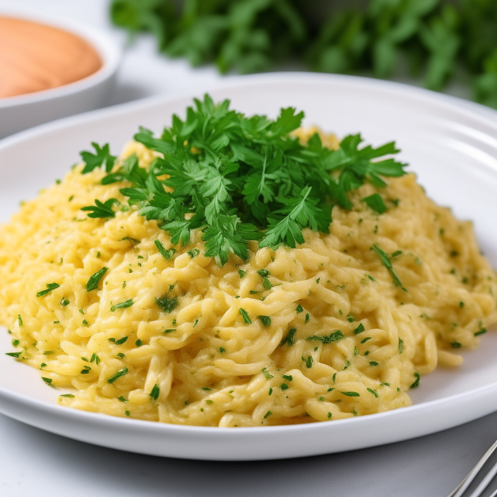 A plate showcases golden-brown orzo grains, crisped to perfection in an air fryer. The orzo grains glisten with garlic butter, and there's a generous sprinkle of grated Parmesan cheese on top. Chopped parsley adds a fresh, green contrast, and there's a hint of red pepper flakes for a touch of spice.