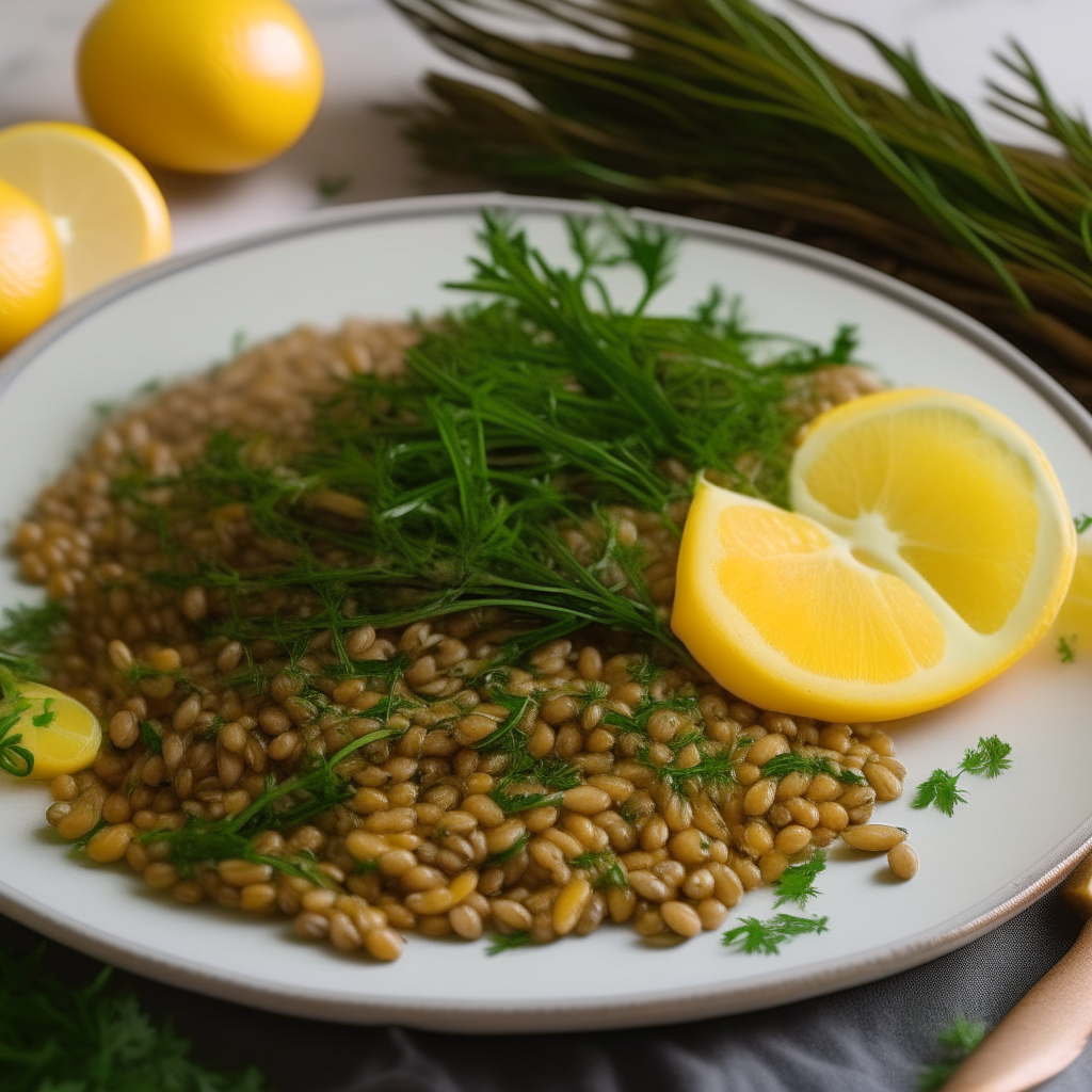 A beautifully arranged plate featuring golden-brown farro grains with a noticeable crispy exterior. Flecks of herbs and lemon zest are visible amidst the grains. Bright lemon wedges sit on the side, ready to be squeezed over the dish, and sprigs of fresh herbs provide a pop of vibrant green.