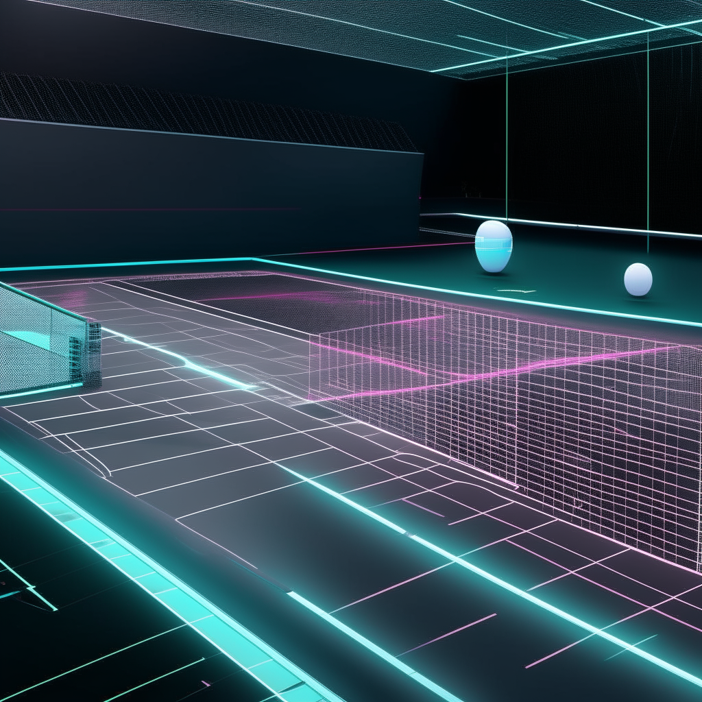 a sleek futuristic tennis court with holographic lines and floating scoreboards