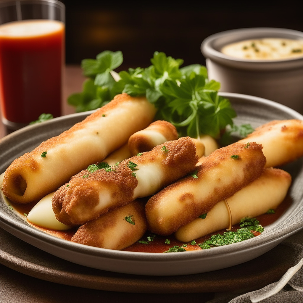 A plate full of golden-brown mozzarella sticks, their crispy outer layer contrasting with the soft, gooey cheese visible at the ends. Accompanied by a bowl of marinara sauce for dipping, and garnished with a sprinkle of finely chopped parsley.