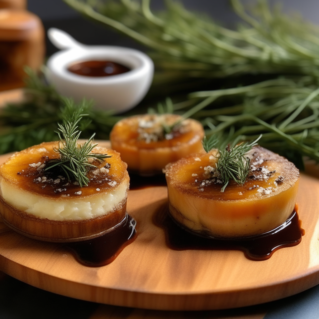 Golden-brown, crispy goat cheese rounds beautifully arranged on a wooden plate. Each round has a crunchy exterior with hints of herbs, giving way to a creamy and soft goat cheese center. A drizzle of honey is on top, and fresh rosemary sprigs garnish the plate.