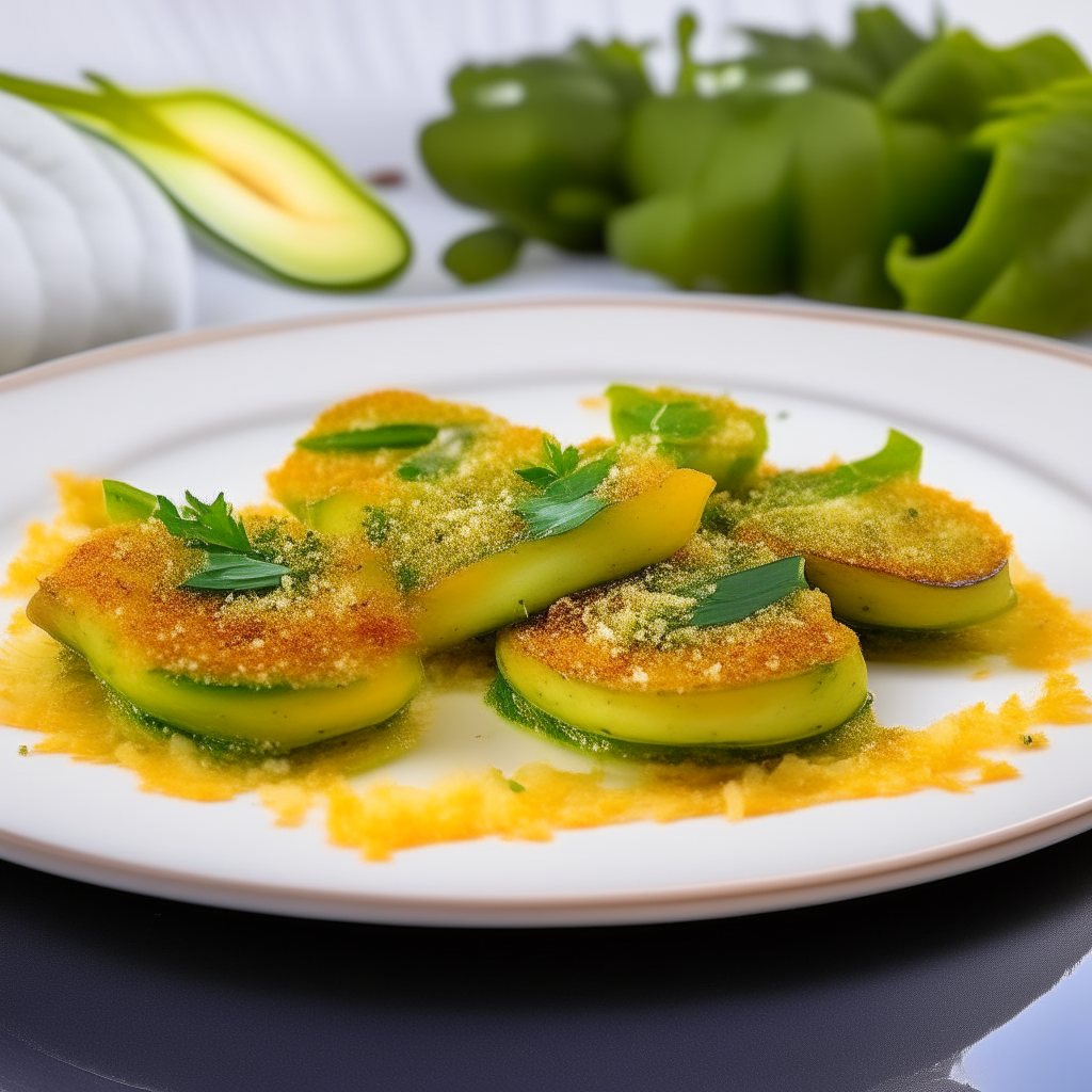 Golden crispy zucchini rounds, lightly browned with melted parmesan on top, are neatly placed on a white plate. Each round showcases the bright green of fresh zucchini, contrasted with the golden hue of parmesan. A sprinkling of fresh herbs adds color and zest.