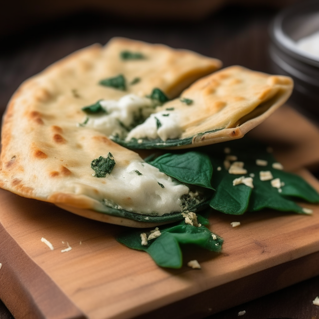 A close-up of crispy air-fried pitas stuffed with vibrant green spinach and crumbled white feta cheese, placed on a rustic wooden board. A slight golden-brown crust envelops the pita, hinting at its crispy texture, while a hint of the stuffing peaks out, inviting a bite.