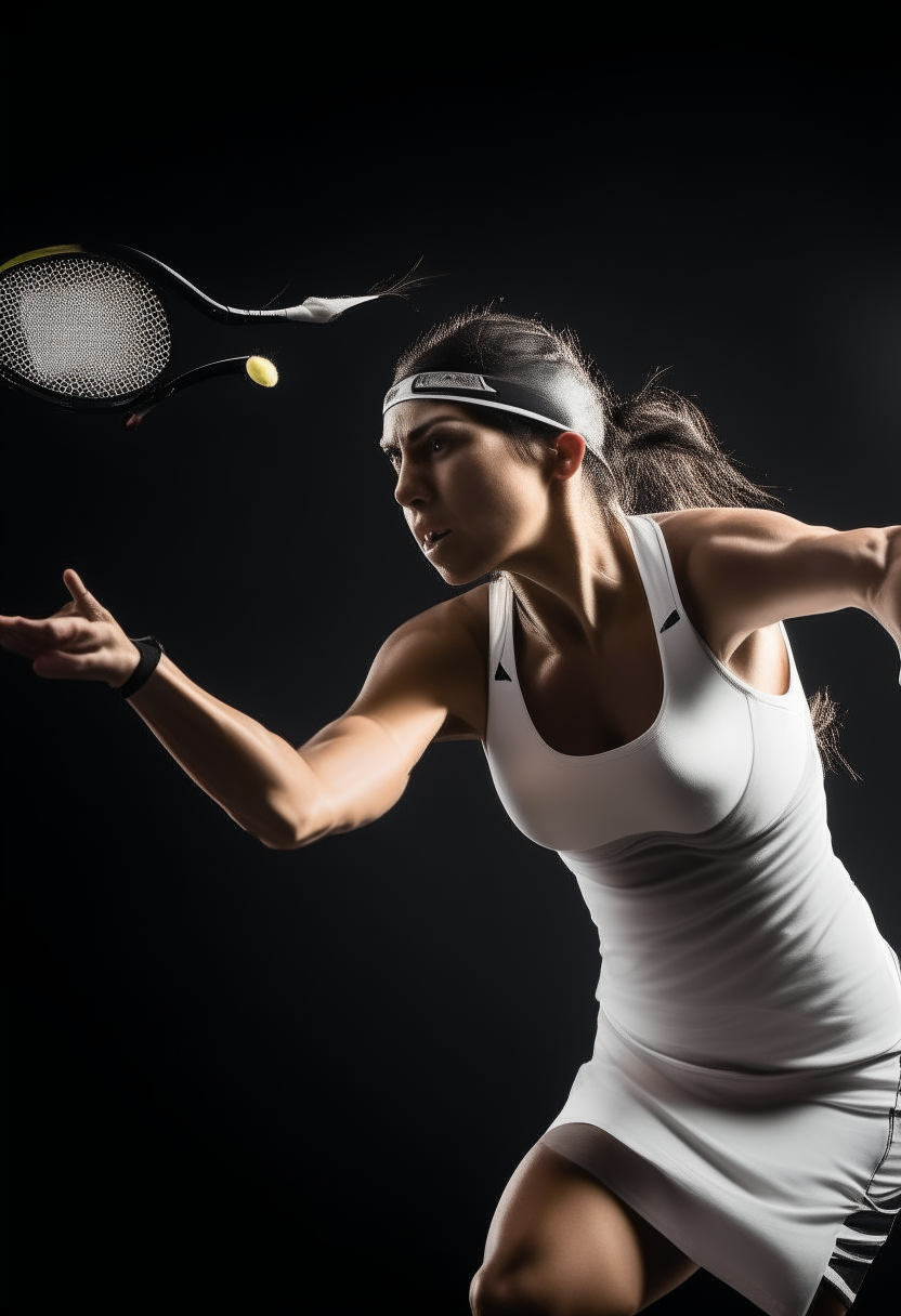 a genderless tennis player mid-serve, muscles flexed, sweat dripping, powerful motion