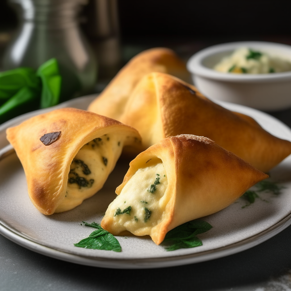 A plate showcasing golden-brown mini calzones, their crispy exterior showing signs of lightly bubbling ricotta and spinach peeking through. Their size is perfect for one bite, with a light sheen of olive oil giving them a delectable glow.