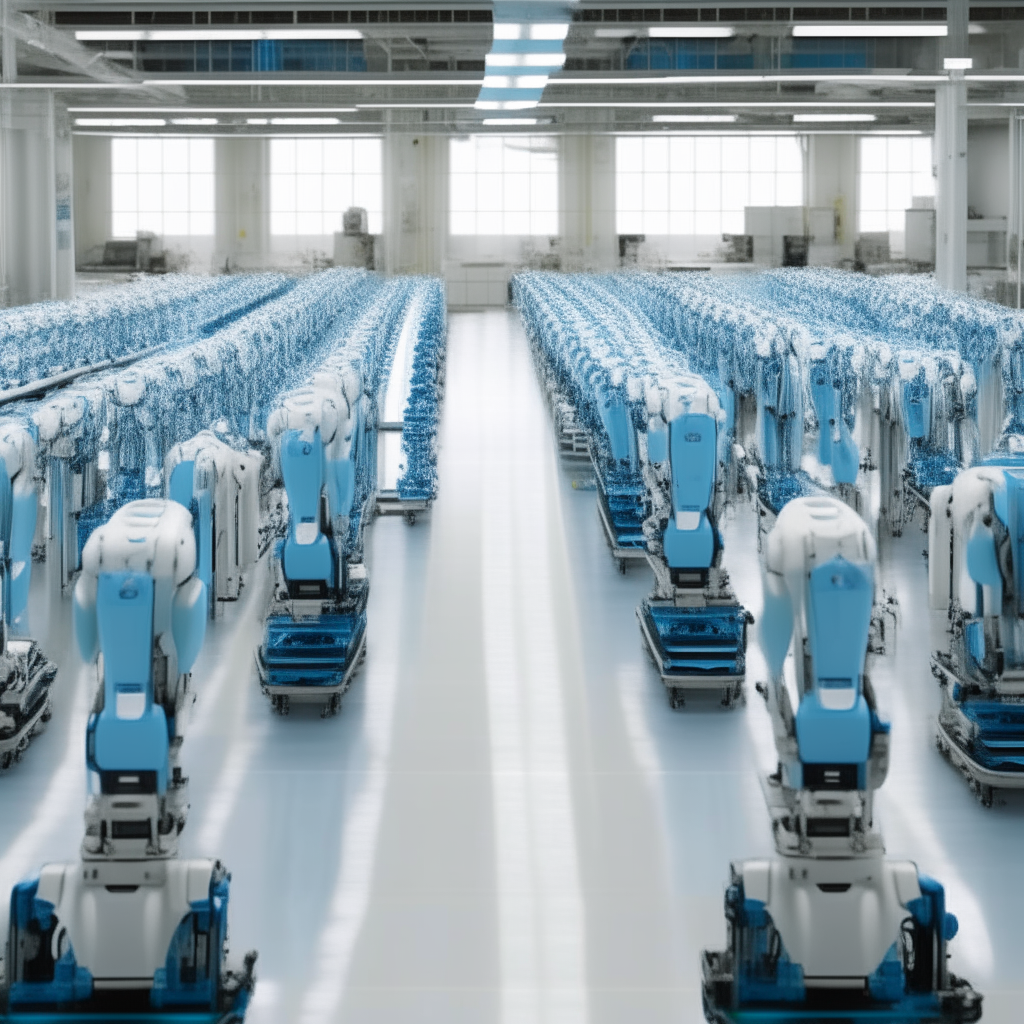 A large high-tech factory containing rows of identical humanoid AI robots in various stages of assembly on the production line. Robots and machinery are visible throughout the white and blue space.