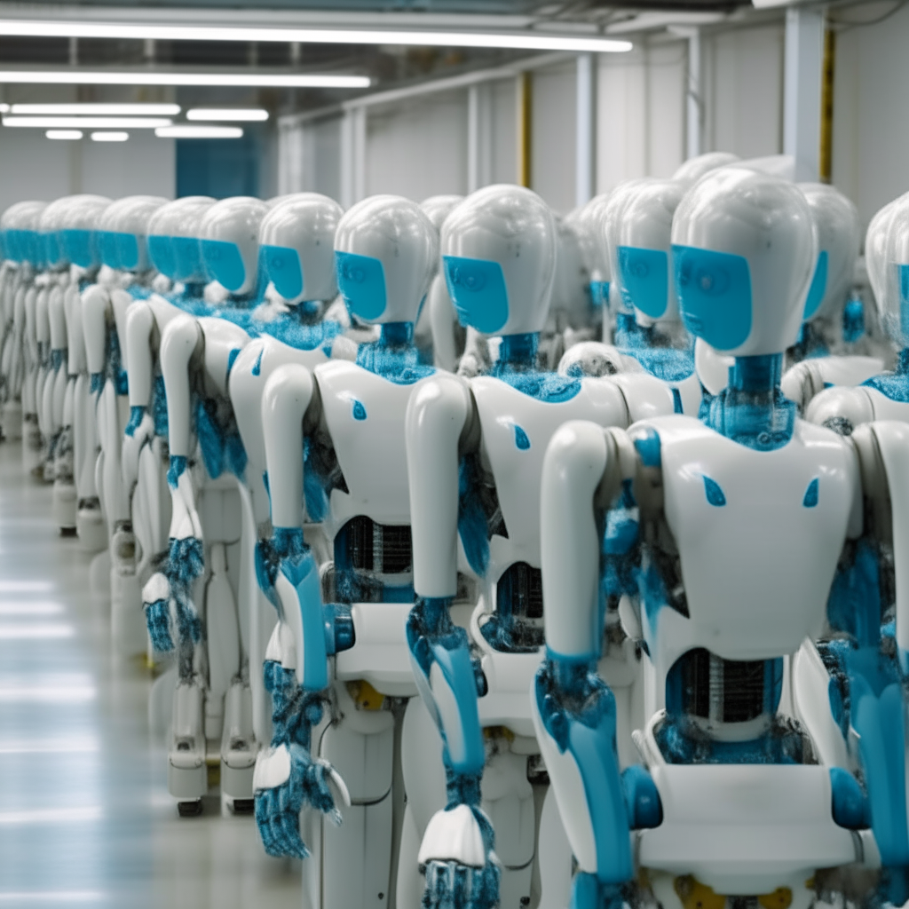 A large high-tech factory containing rows of identical humanoid AI robots in various stages of assembly on the production line. The robots have pale human-like skin, faces and limbs as they stand upright throughout the white and blue space.