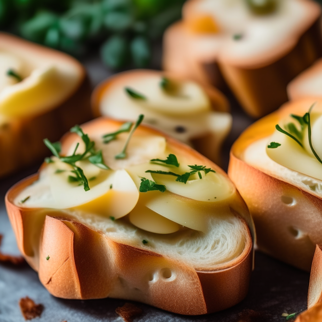 A close up photo of golden-brown toasted crostinis topped with thin apple slices, melted smoked gouda cheese, and a sprinkle of fresh herbs. The cheese is oozing over the crisp apples and bread.