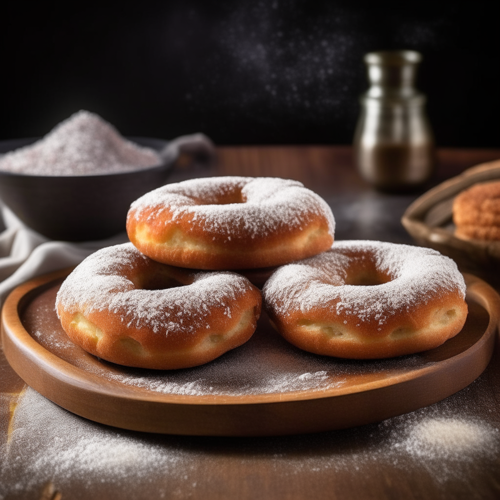 Golden-brown donuts with a fluffy interior generously dusted with cinnamon sugar, placed on a rustic wooden platter and surrounded by extra cinnamon sticks and sugar crystals